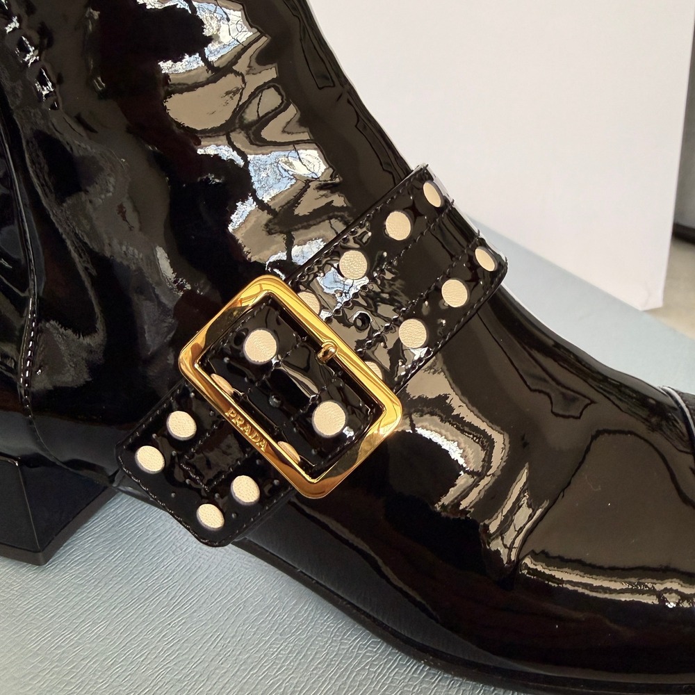 Prada 1T817N Women's Black Patent Leather Beaded Ankle Boot, sz 37.5 - Picture 9 of 16